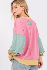 Trendy Mineral Wash Raw Edge Color Block Sweatshirt with Plaid Print
